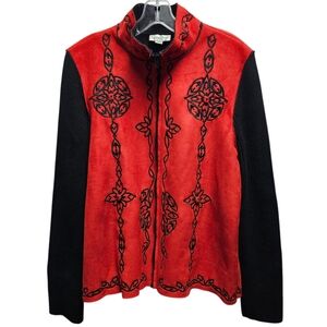 Coldwater Creek Red Black Vintage Faux Suede & Knit Jacket Embroidered & Beaded
